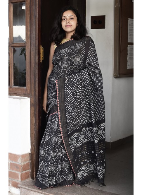 Black ,Handwoven Organic Cotton, Textured Weave , Tie & dye, Occasion Wear, Jari, Rai Bandhani Saree (NO BLOUSE)